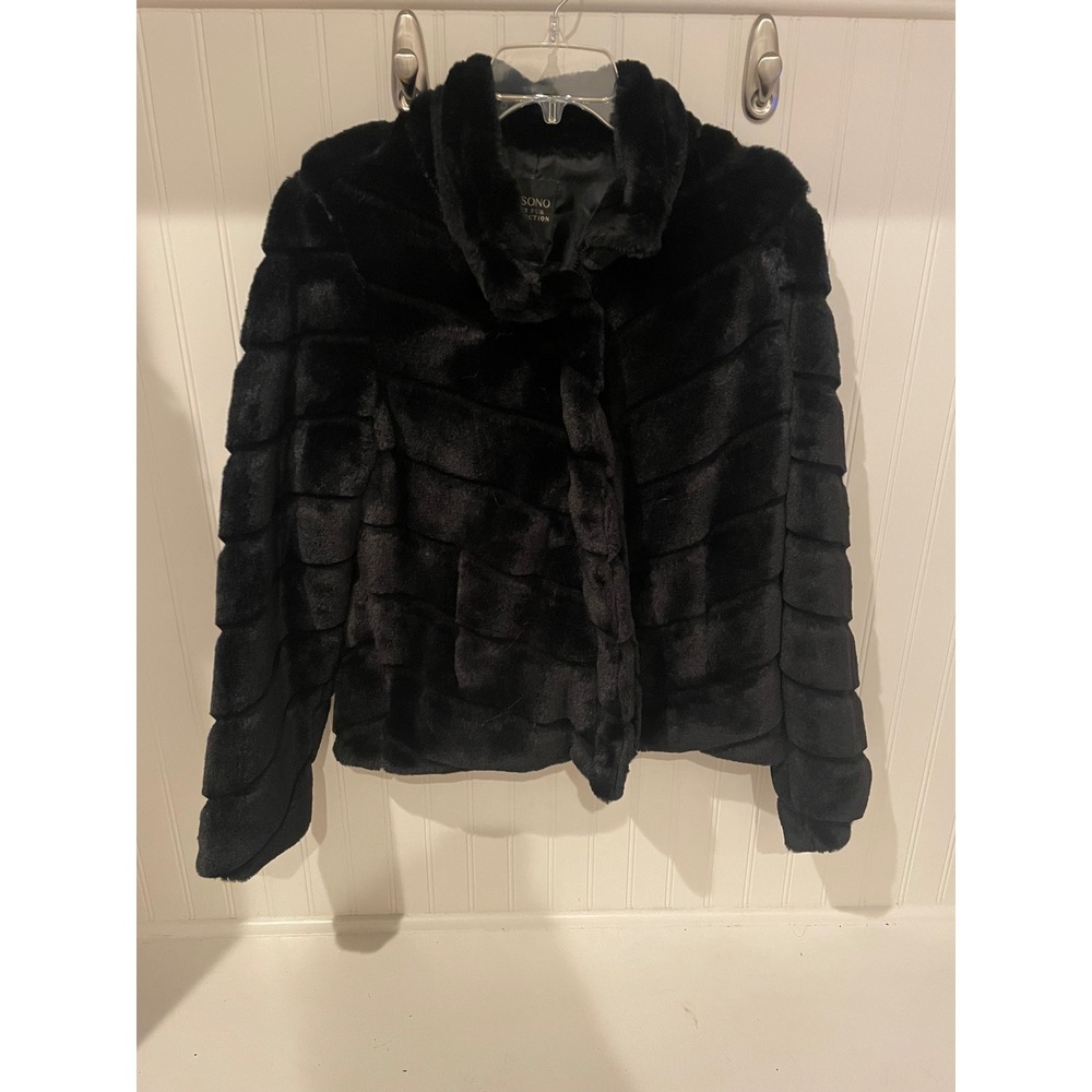 CI SONO Faux Fur Jacket Black‎ Chevron Stripe Cozy Warm Winter Size XL